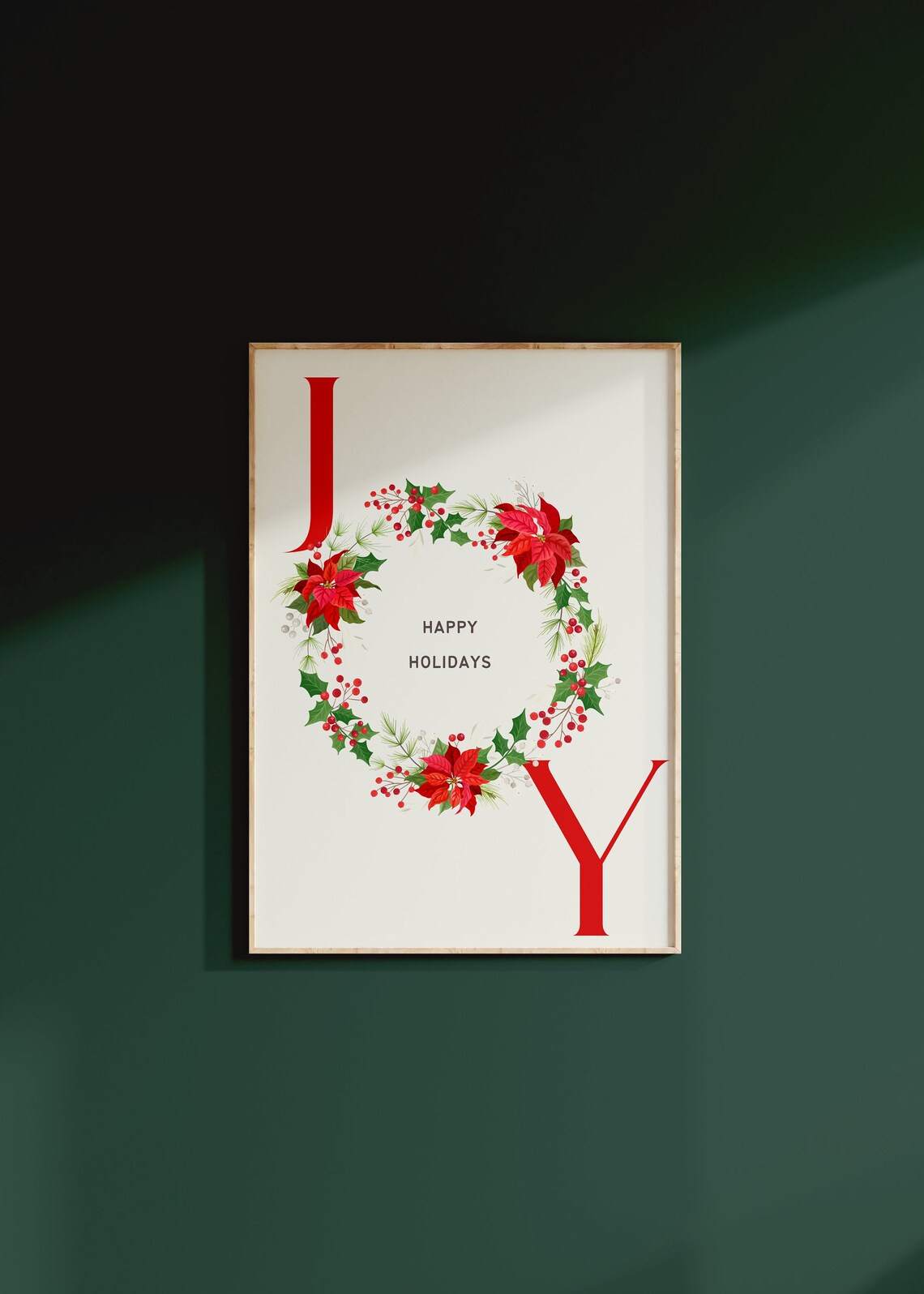 Joy Happy Holidays Floral Wreath Christmas Botanical Art Poster