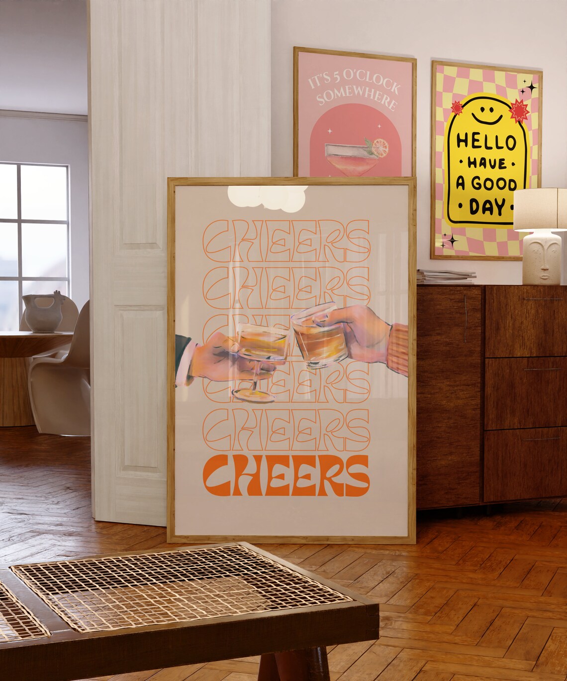 Neutral Bar Cart Retro Cheers Whiskey Art Print - Image 3