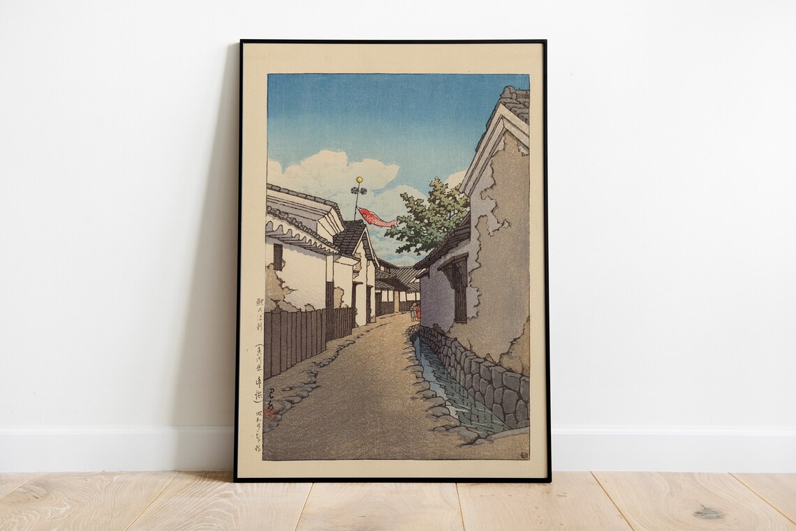 Japanese Woodblock Street Scene Shin Hanga Style Vintage Art Poster - Image 2