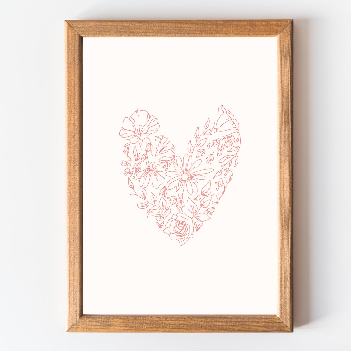 Floral Heart Line Art Print Romantic Red Flowers Love Wall Decor Gift