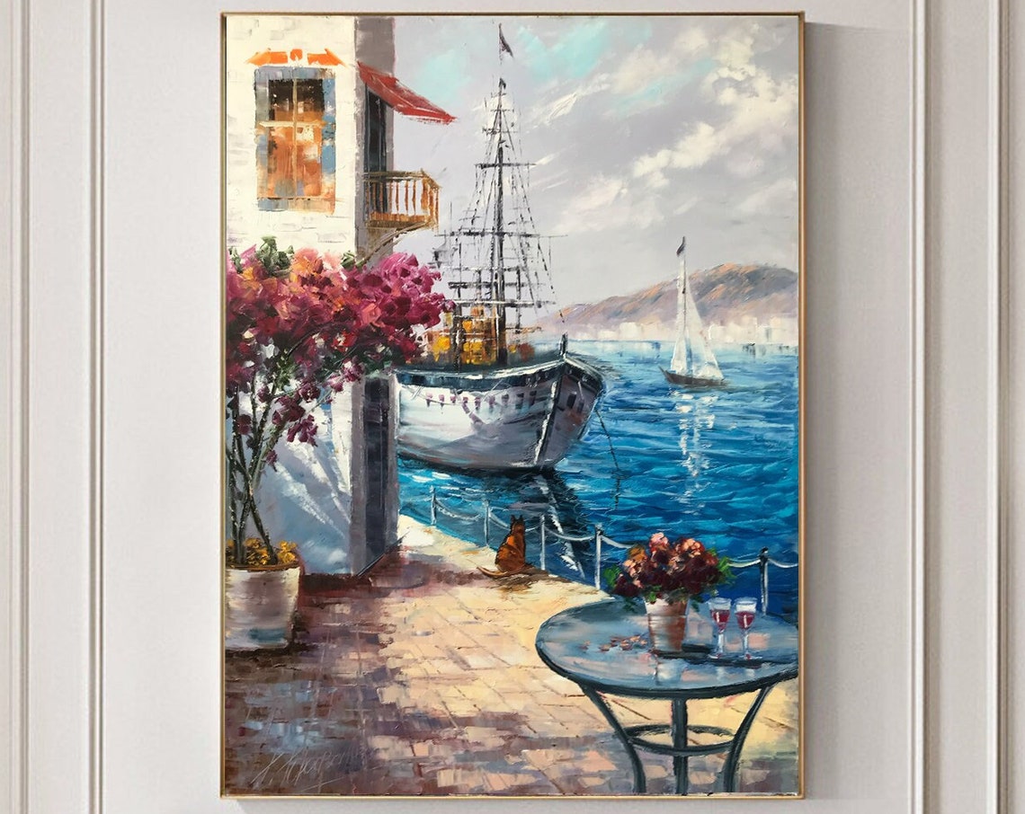 Greece Oil Painting Original Framed Oil Painting Of Greek Villas Mediterranean Travel Painting On Greek Painting Greece Wall Art - Image 2