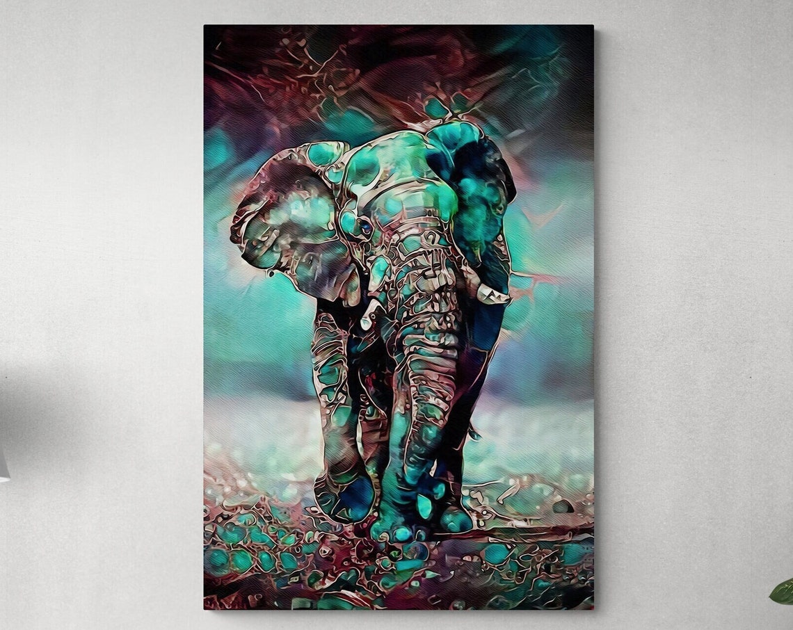 Colorful Abstract Elephant Teal Green Pink Painterly Modern Art Poster - Image 3