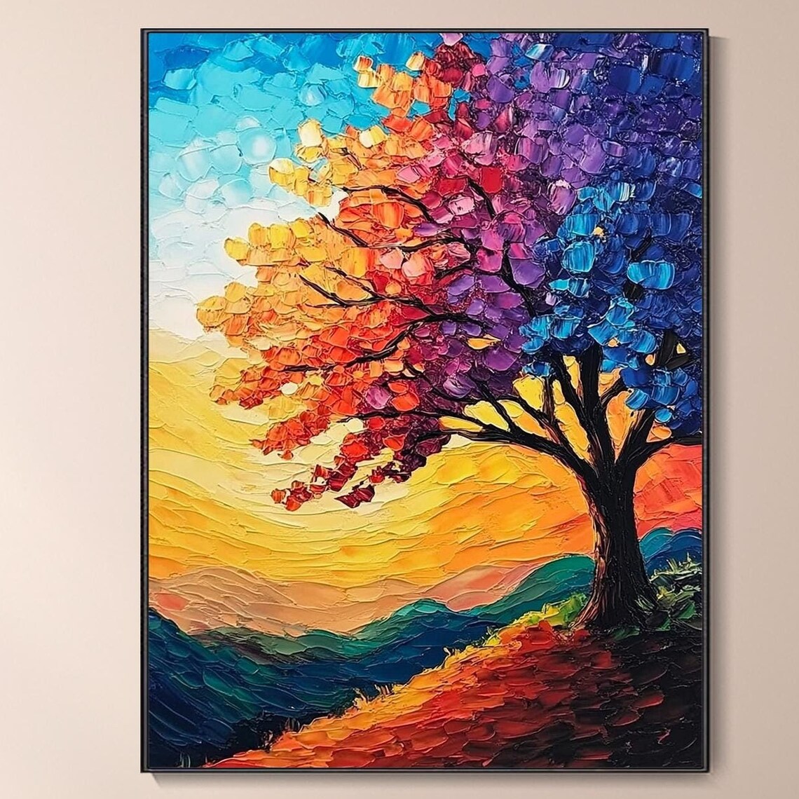Rainbow Color Tree Sunset Hill Multicolor Foliage Impasto Wall Art - Image 4