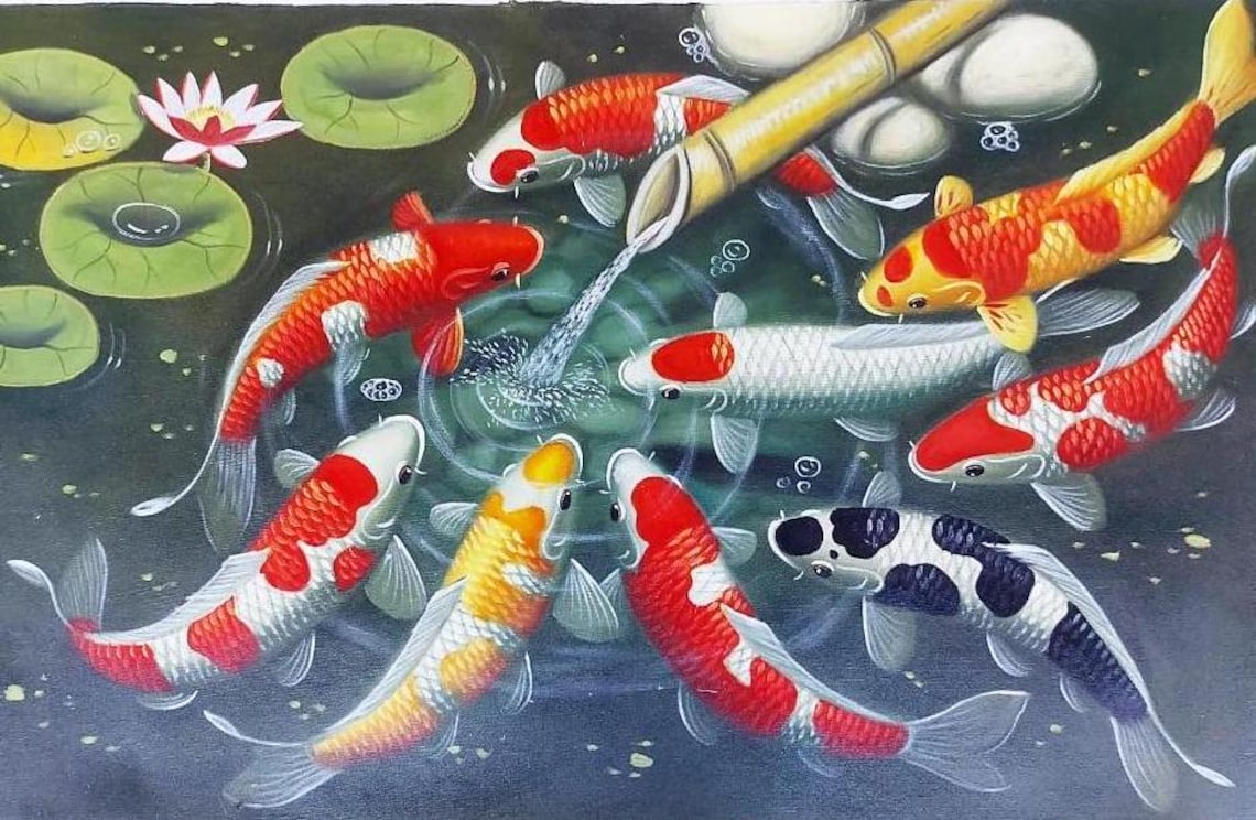 9 Koi Fish Painting With Bamboo Shower Good For Feng Shui - Image 2