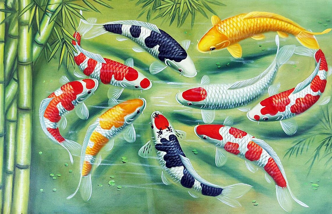 Nine Koi Fish Painting, Tranquil Minimalist Style - Image 5