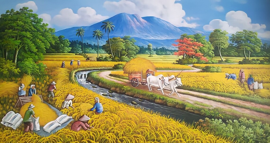 Rice Harvest Landscape Painting, Good Feng Shui Art Print - Image 2