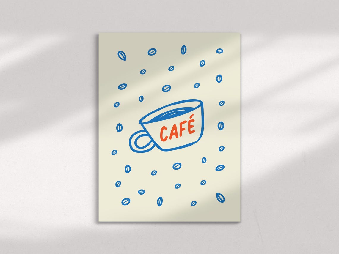 Cafe Coffee Cup Blue Hand Doodle Coffee Beans Retro Kitchen Wall Art