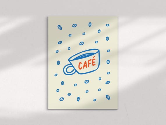 Kitchen Coffee Print Cup Doodle Lovers Gift Retro Drawn Cafe Poster Spanishinspired