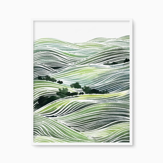 Green Rolling Hills Abstract Line Watercolor Vineyard Art Poster