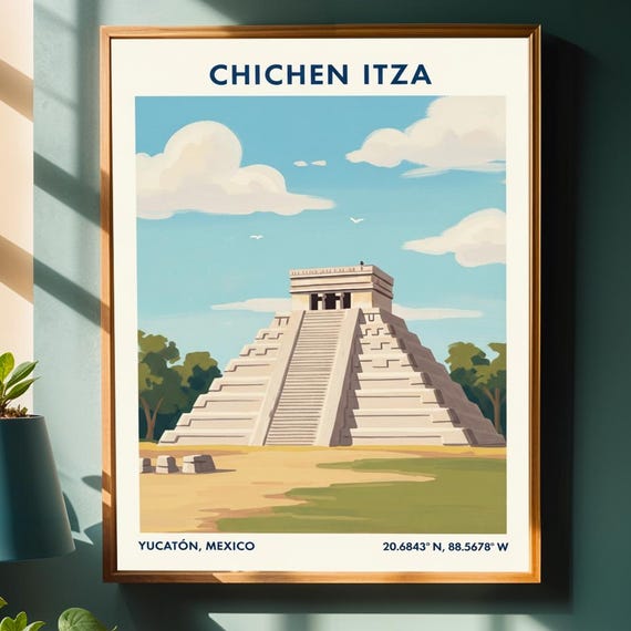 Chichen Itza Pyramid Poster Sky Blue And Beige Travel Art Mayan Illustration Yucatn Print For Enthusiasts