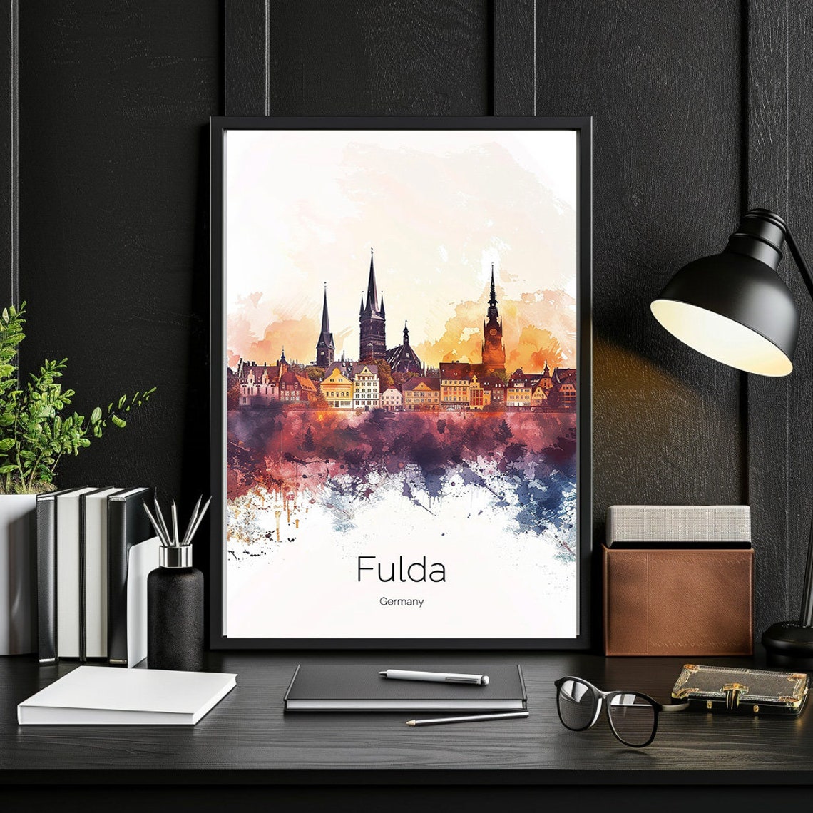 Fulda Germany Watercolor Skyline Cathedral Sunset Reflection Poster