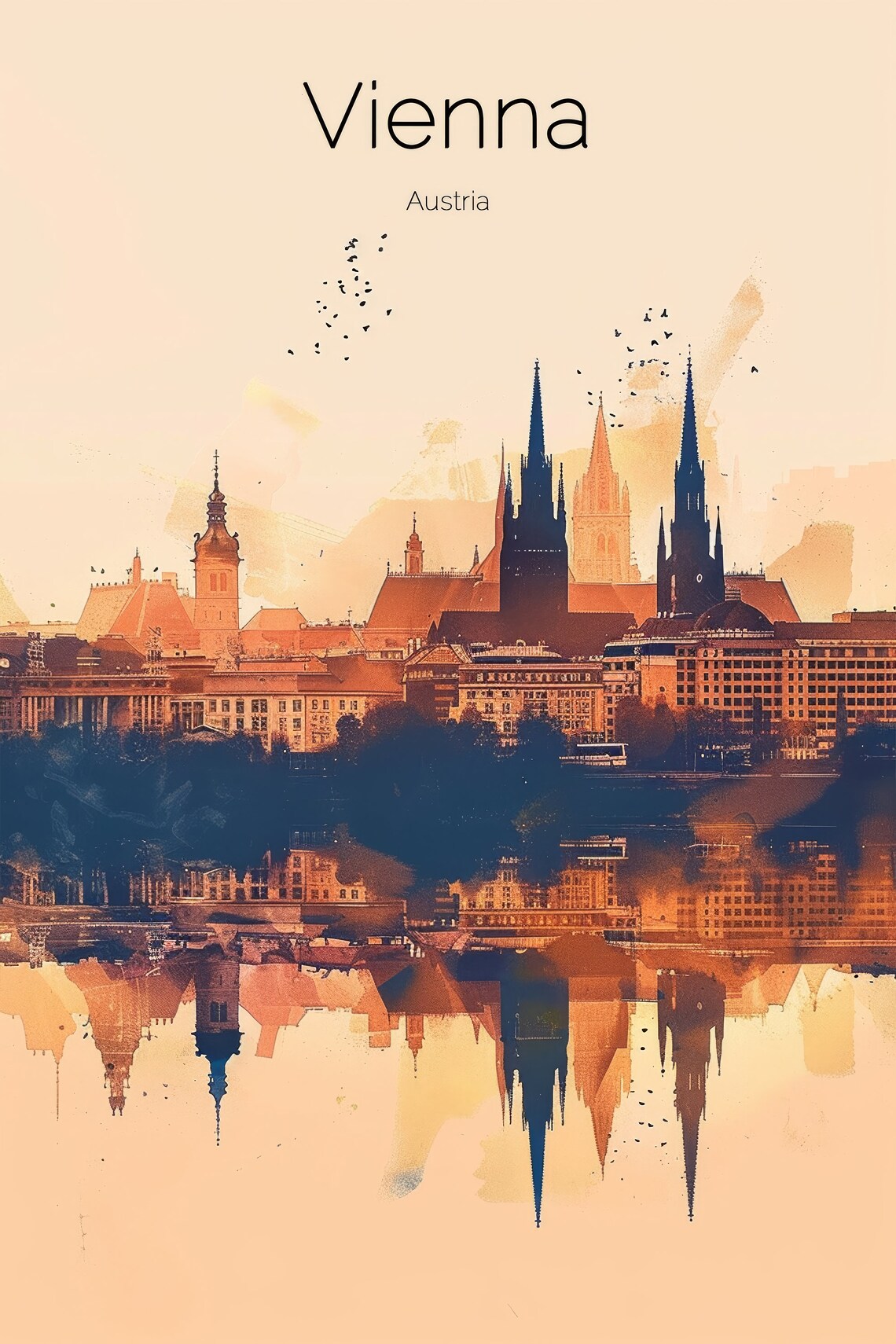 Vienna Austria Watercolor Skyline Spires Sunset Glow Travel Poster - Image 2