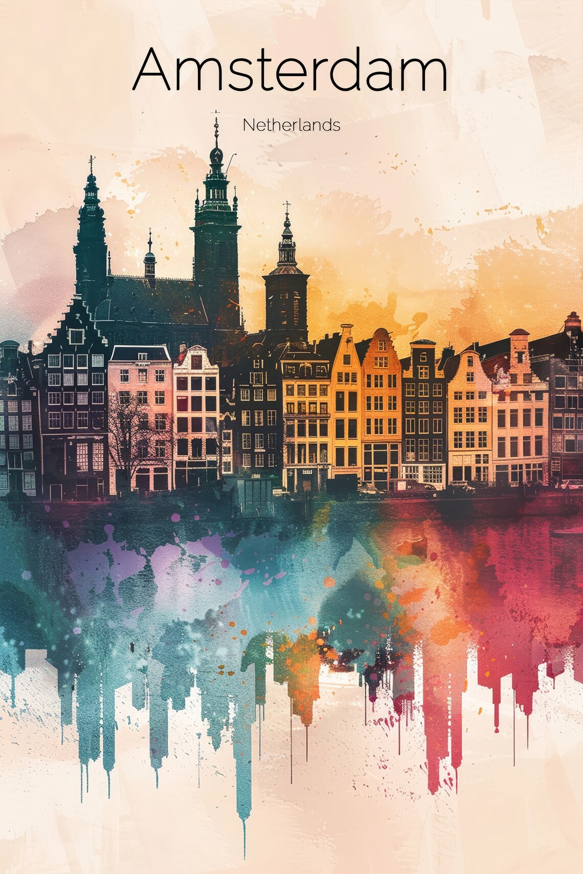 Amsterdam Netherlands Watercolor Canal Houses Sunset Glow Poster - Image 2