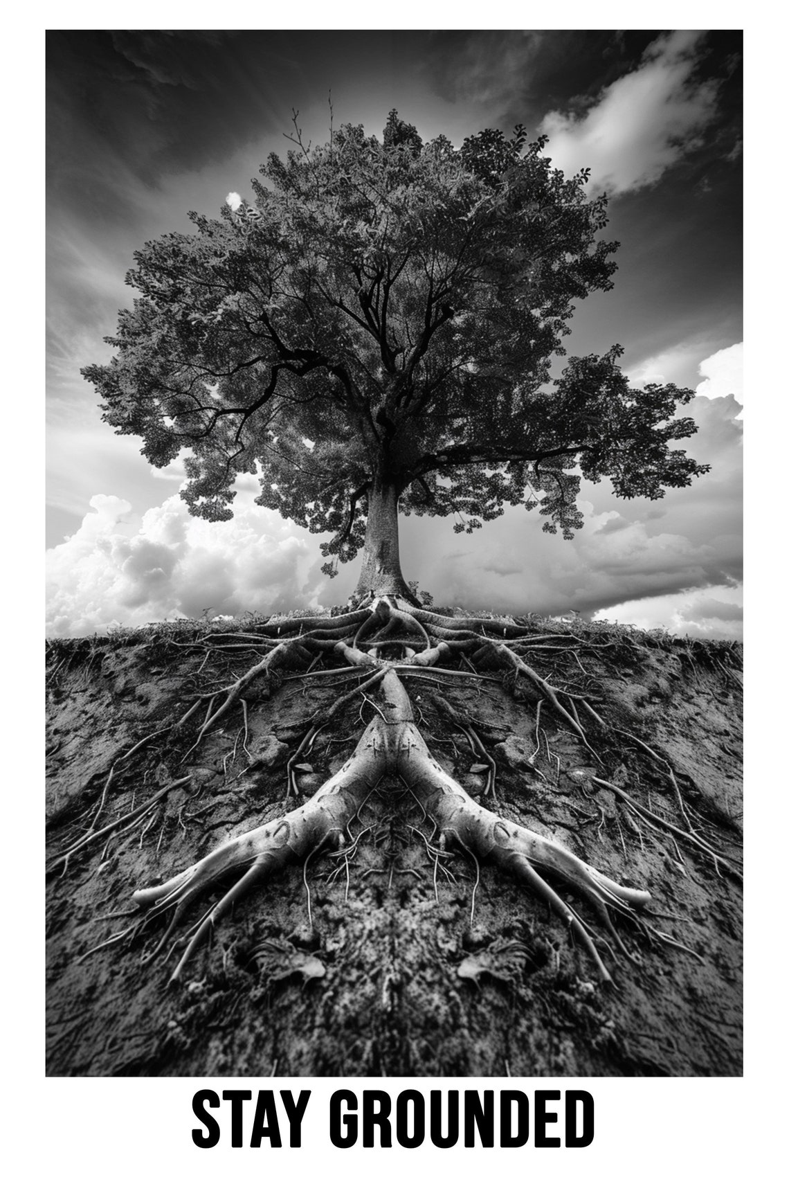 Lone Tree With Exposed Roots Stay Grounded Black White Poster - Image 2