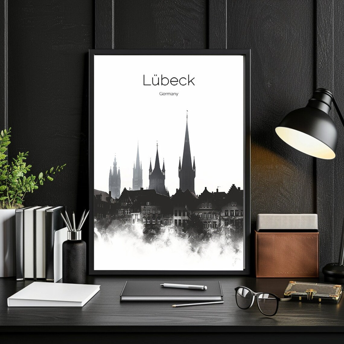 Lubeck Germany Church Spires Monochrome Watercolor Travel Poster