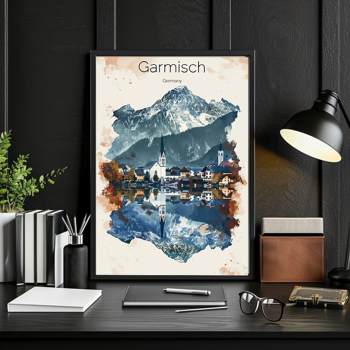 Garmisch Germany Watercolor Alpine Peak Town Valley Snow Poster