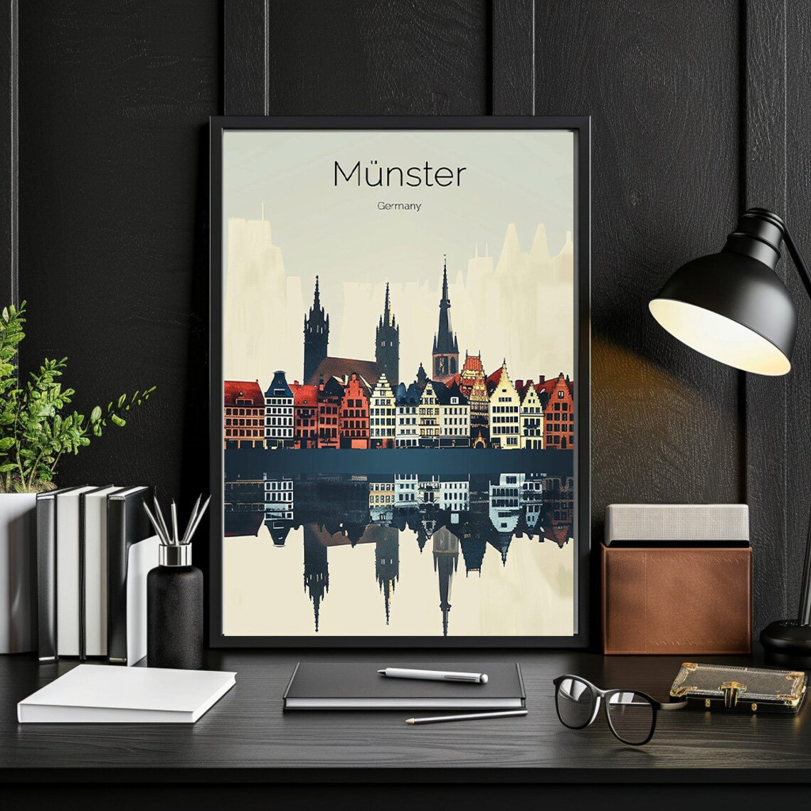 Munster Germany Historic Skyline Water Reflection Art Poster