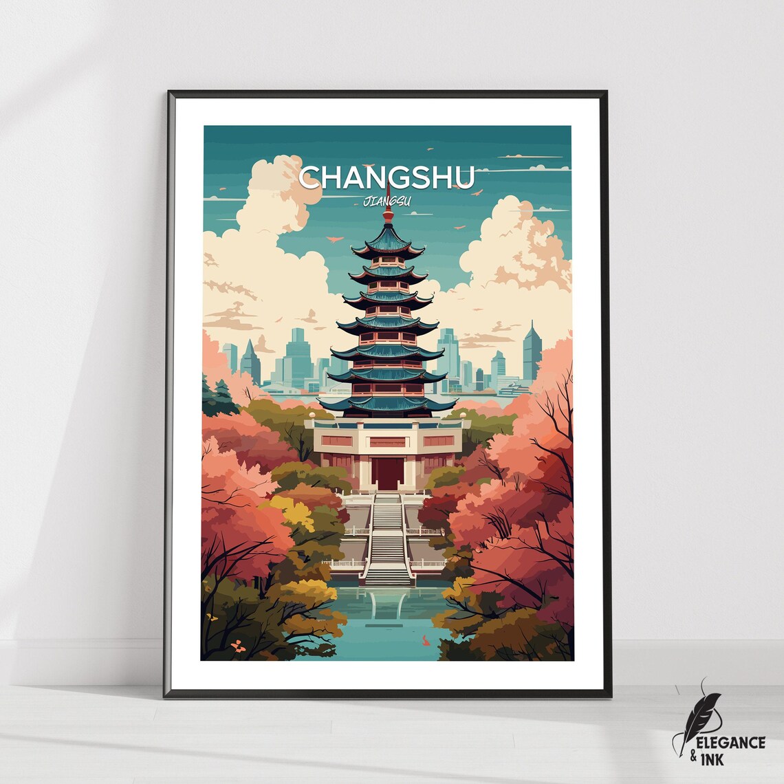 Changshu Jiangsu Pagoda Sunrise Illustration Travel Art Poster