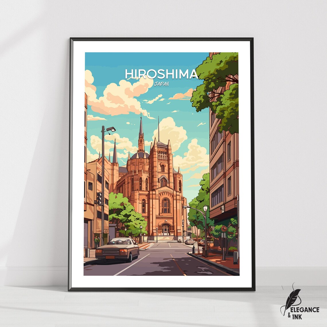 Hiroshima Japan Cathedral Street View Vintage Travel Art Poster