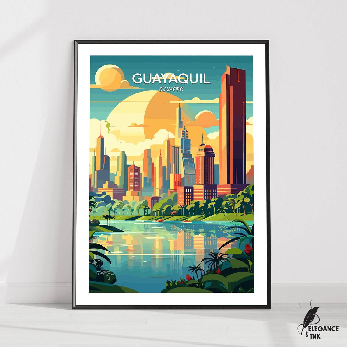 Guayaquil Ecuador Modern Skyline at Golden Sunset Travel Poster