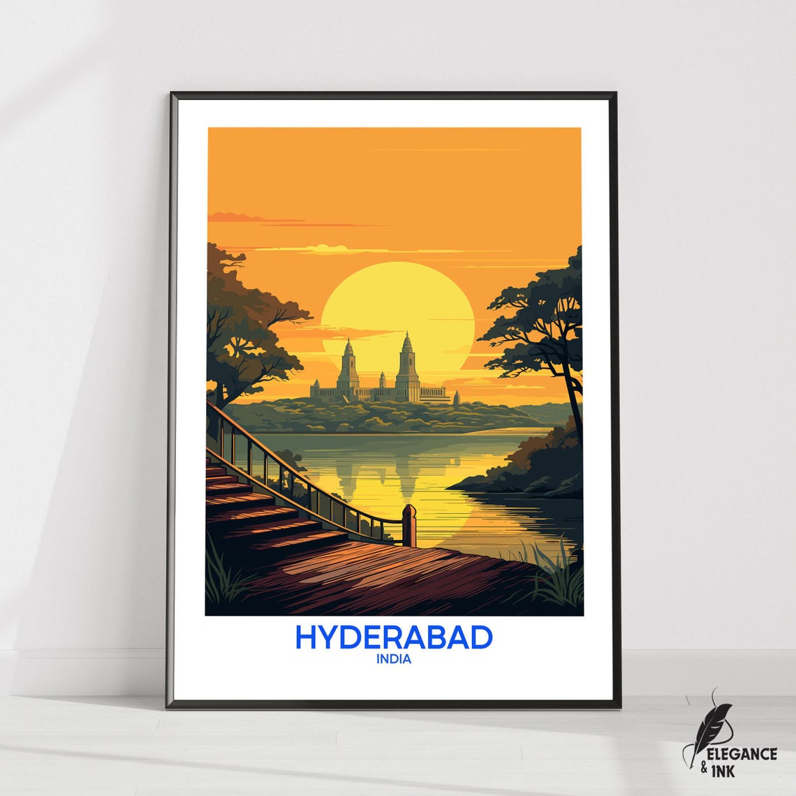 Hyderabad India Blue-Lettered Sunset Poster with Lakeside Steps View