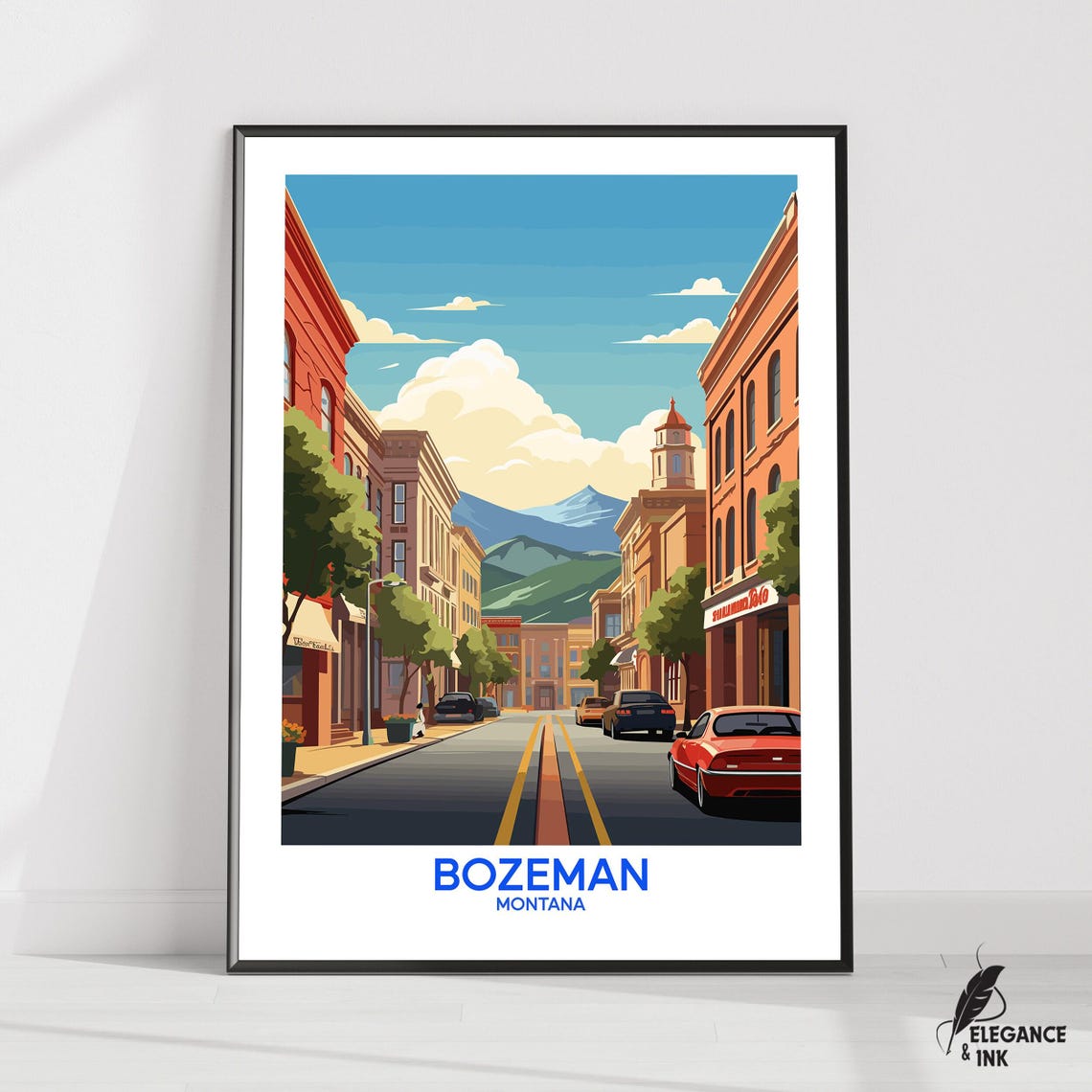 Bozeman Montana Downtown Main Street Mountain View Illustration Poster