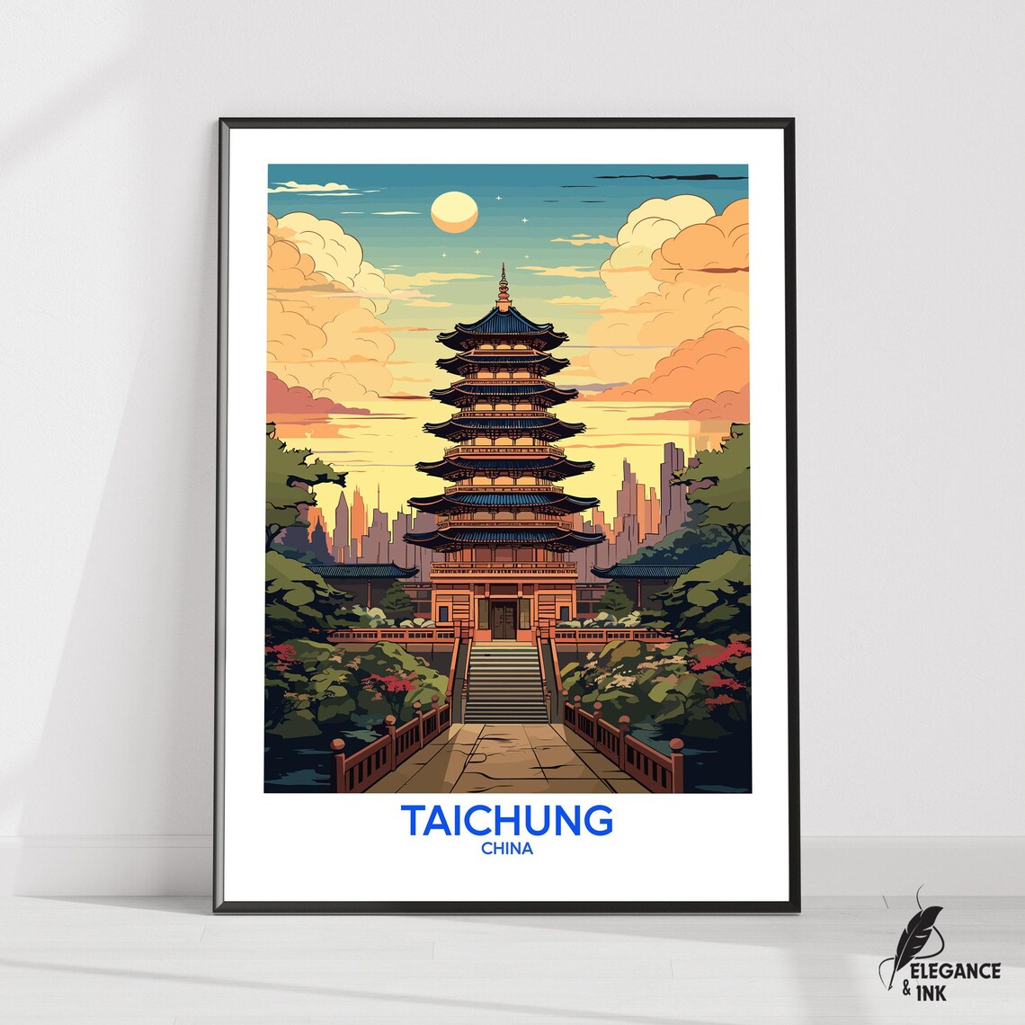 Taichung China Moonlit Pagoda Garden Travel Illustration Poster