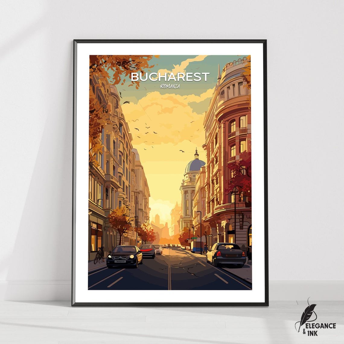 Bucharest Romania Old Town Sunset Street Retro Travel Poster