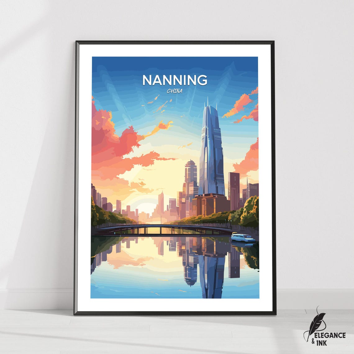 Nanning China Modern Skyline Sunset River Bridge Travel Poster