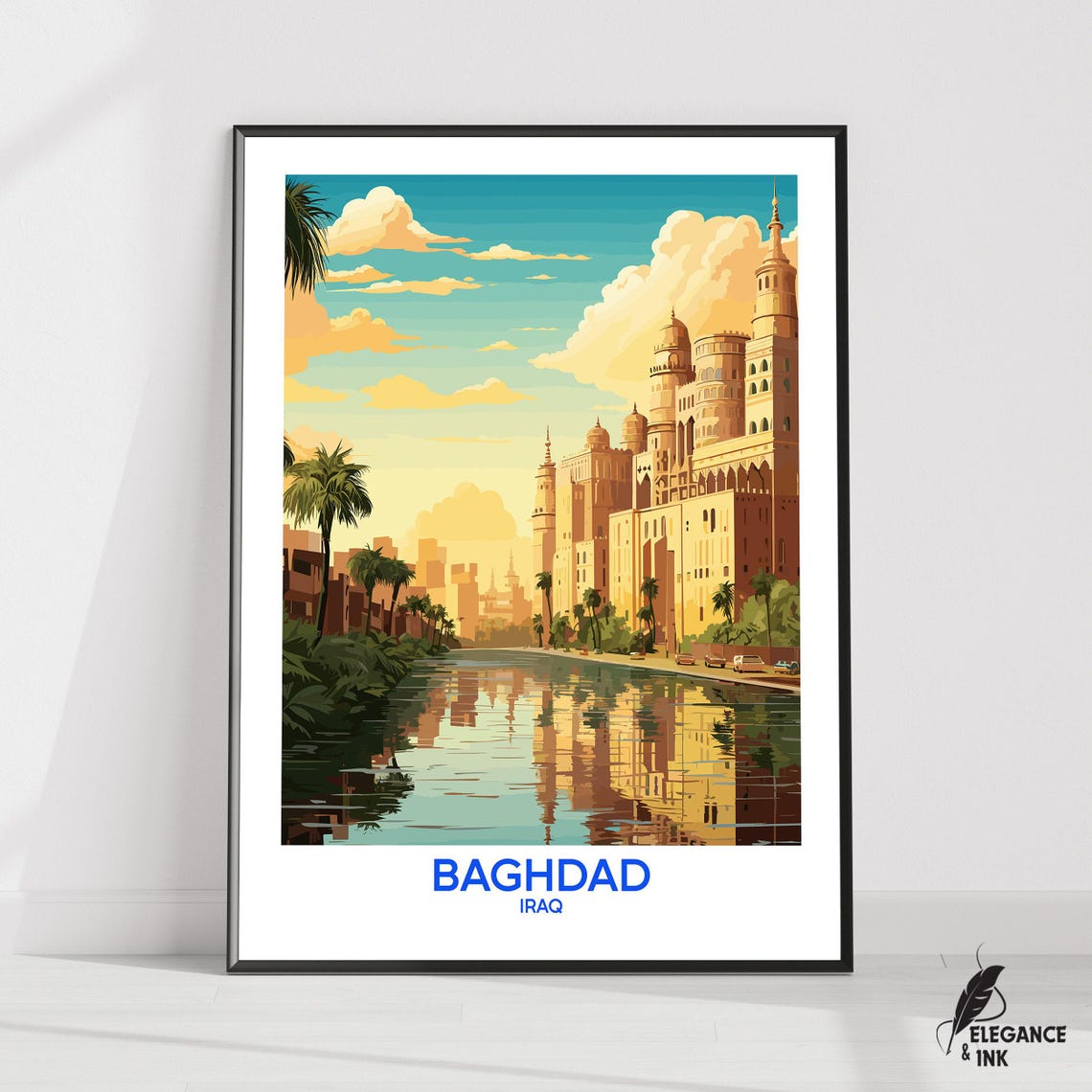 Baghdad Iraq Riverside Mosques Blue Title Golden Hour Travel Poster