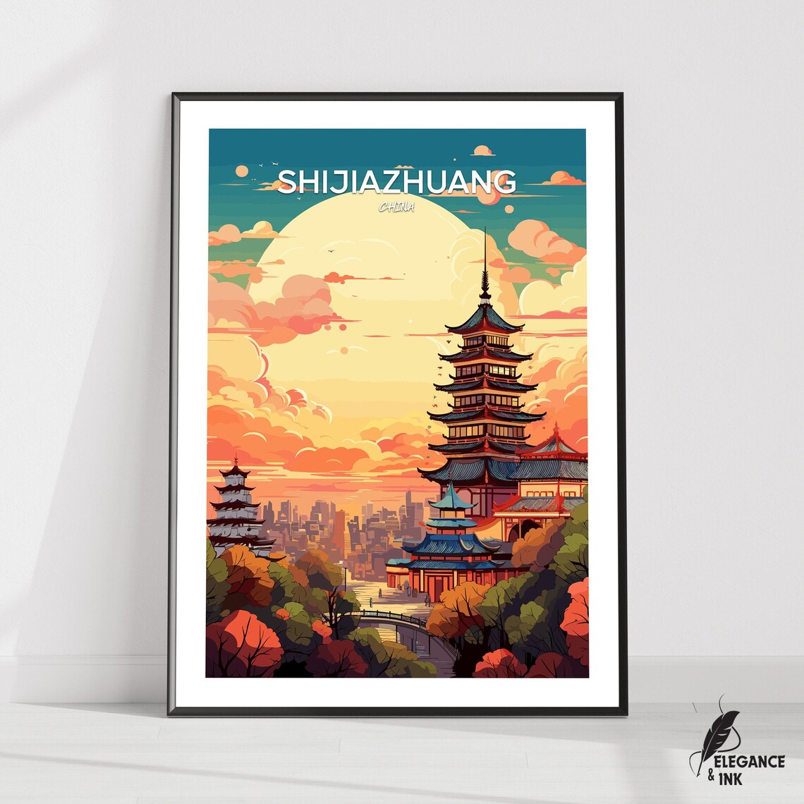 Shijiazhuang China Moonlit Pagoda Vintage Travel Illustration Poster