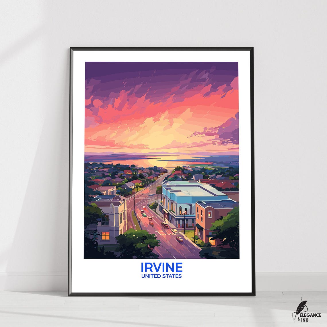 Irvine United States Sunset City View Poster Blue Text Bottom