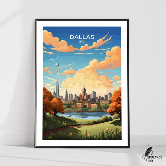 Dallas Texas Skyline Sunset Cityscape Vintage City Travel Poster