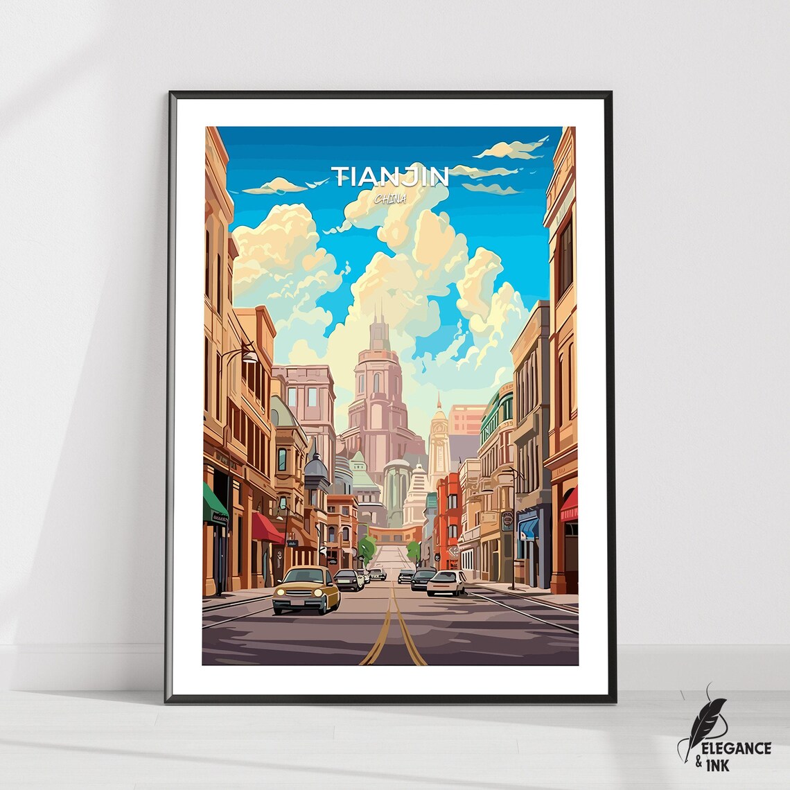 Tianjin China Vintage Travel Poster With City Street Skyline