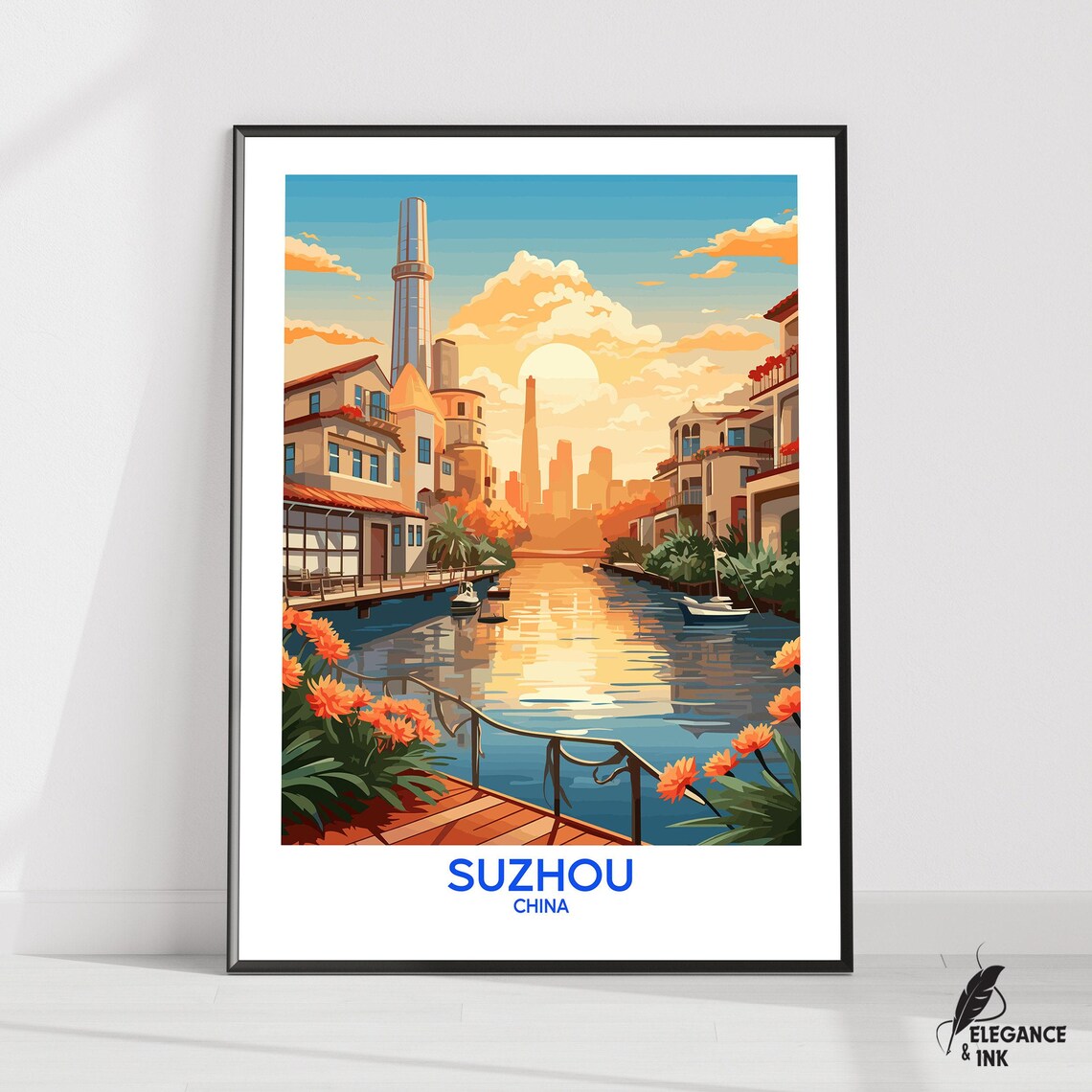 Suzhou China Sunset Canal Vintage Travel Poster With Border Text