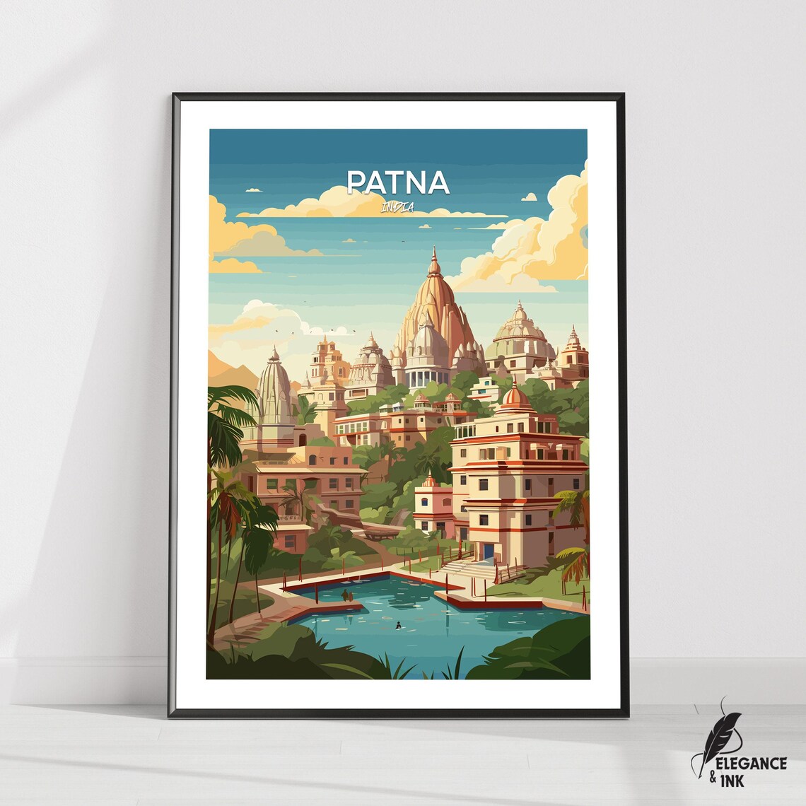 Patna India Temple River Ghats Vintage Travel Illustration Poster