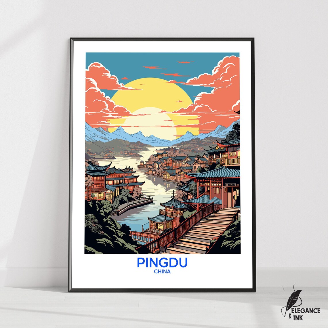 Pingdu China Old Town Riverside Sunset Illustration Travel Poster