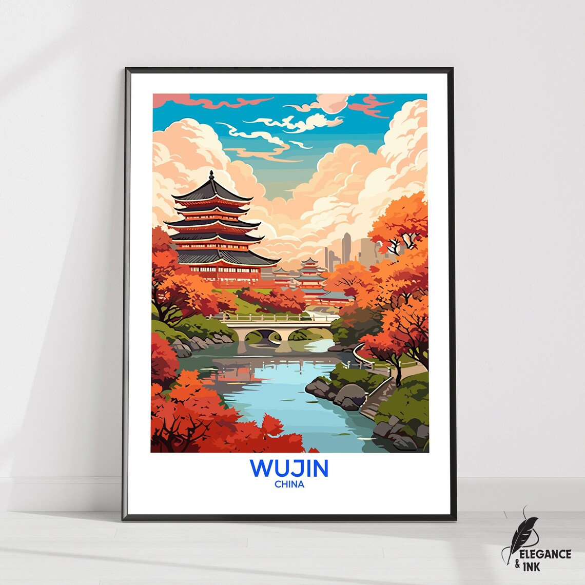Wujin China Riverside Pagoda Vintage Travel Poster Autumn Scene