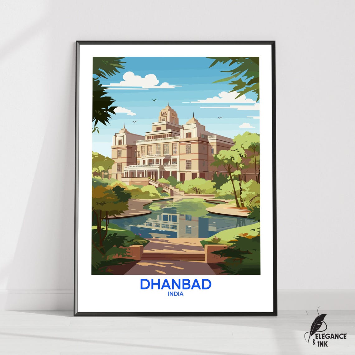 Dhanbad India Palace Garden Pond Bottom Title Vintage Travel Poster