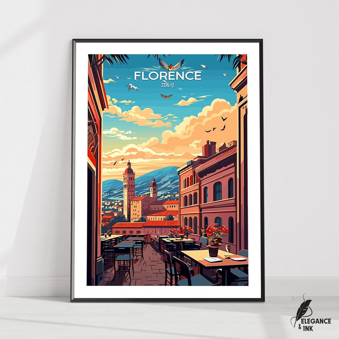 Florence Italy Rooftop Cafe Illustration Vintage Travel Poster