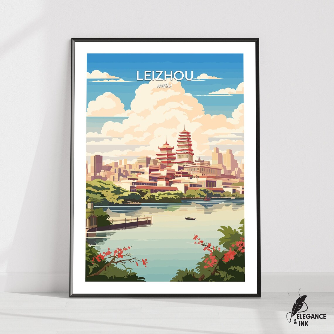 Leizhou China Riverside Pagoda Skyline Vintage Travel Poster