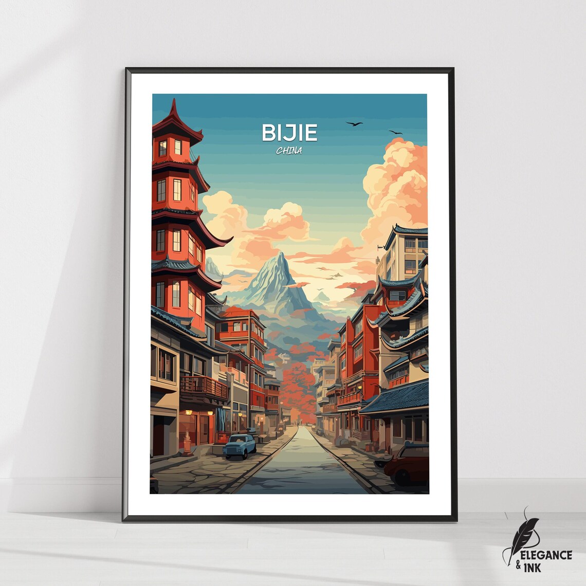 Bijie China Pagoda Street Top Text Edition Vintage Travel Poster