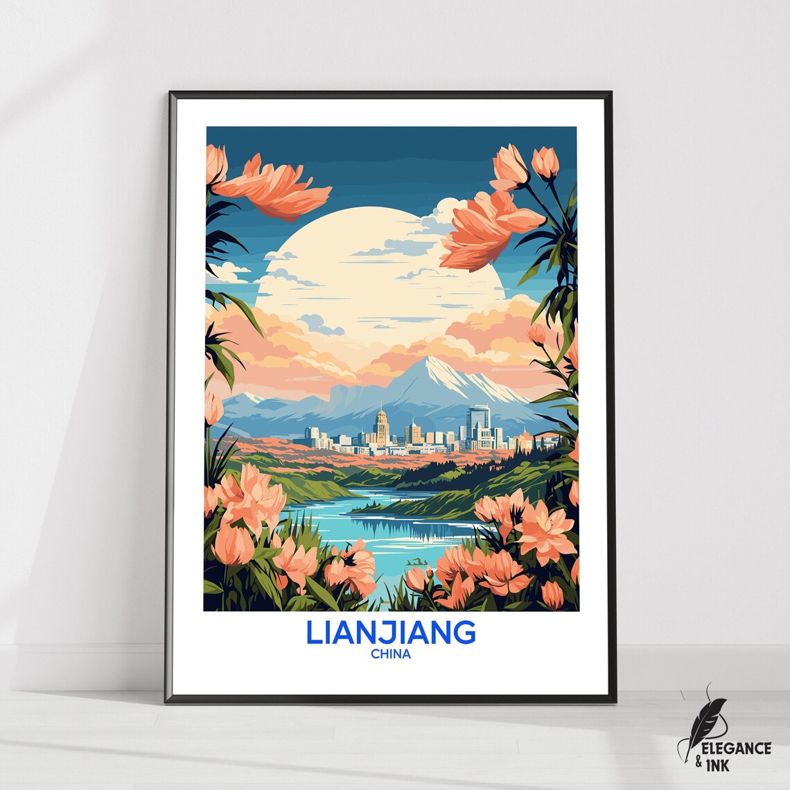 Lianjiang China Retro Travel Poster with Mountain Lake and Flowers