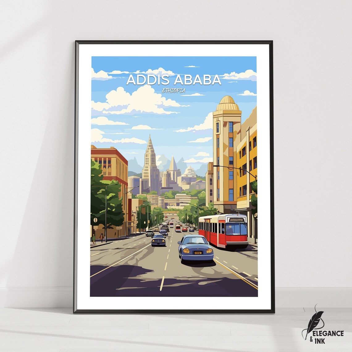 Addis Ababa Ethiopia City Street Scene Illustrated Travel Poster