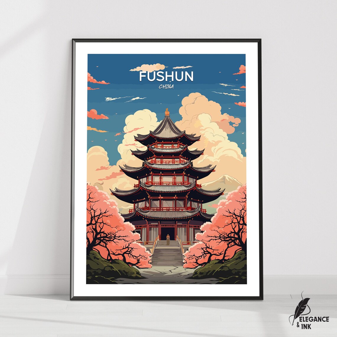 Fushun China Cherry Blossom Pagoda Vintage Travel Illustration Poster
