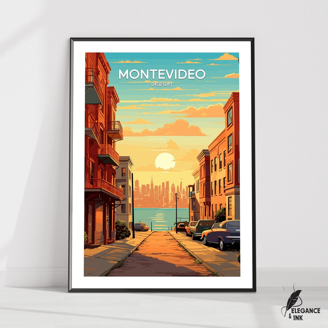 Montevideo Uruguay Sunset Harbor Street Vintage Travel Poster