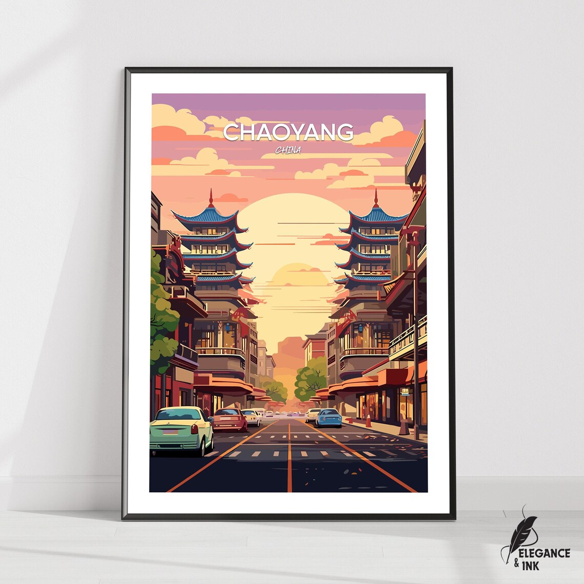 Chaoyang China Pagoda Sunset City Street Illustration Travel Poster