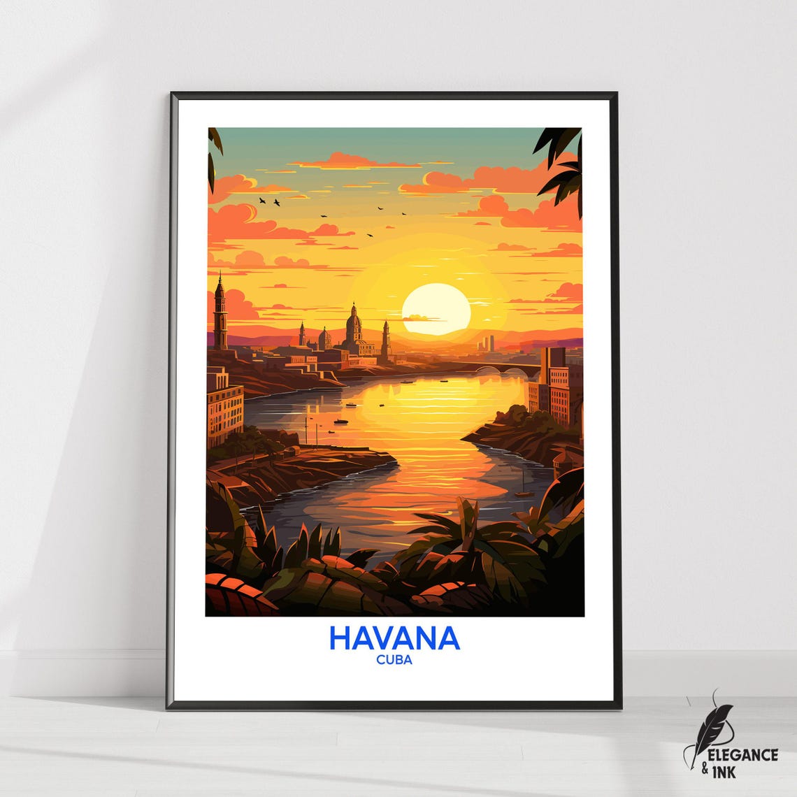 Havana Cuba Sunset Harbor Skyline Orange Sky Vintage Travel Poster