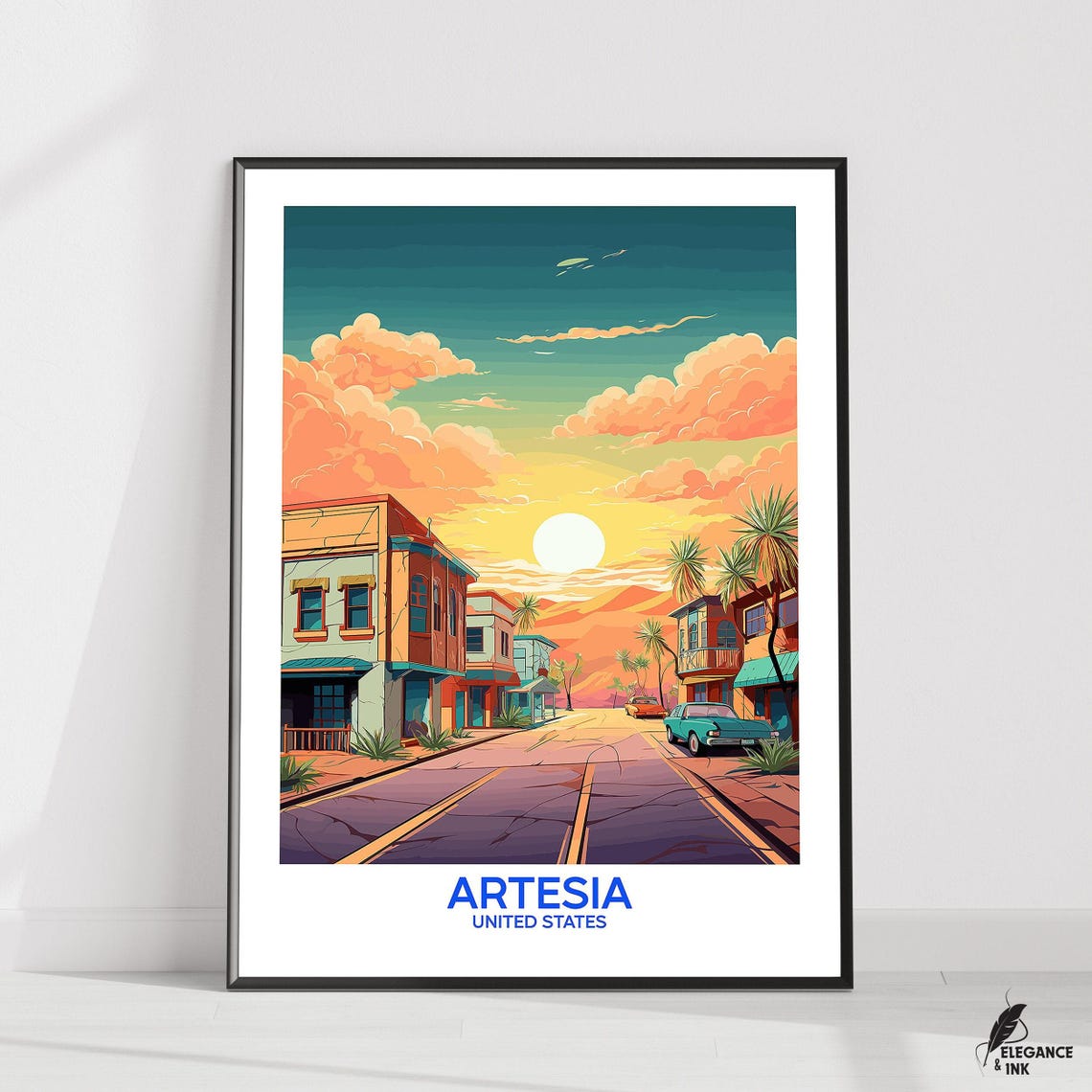 Artesia Sunset Boulevard Blue Title Palm Trees Travel Poster