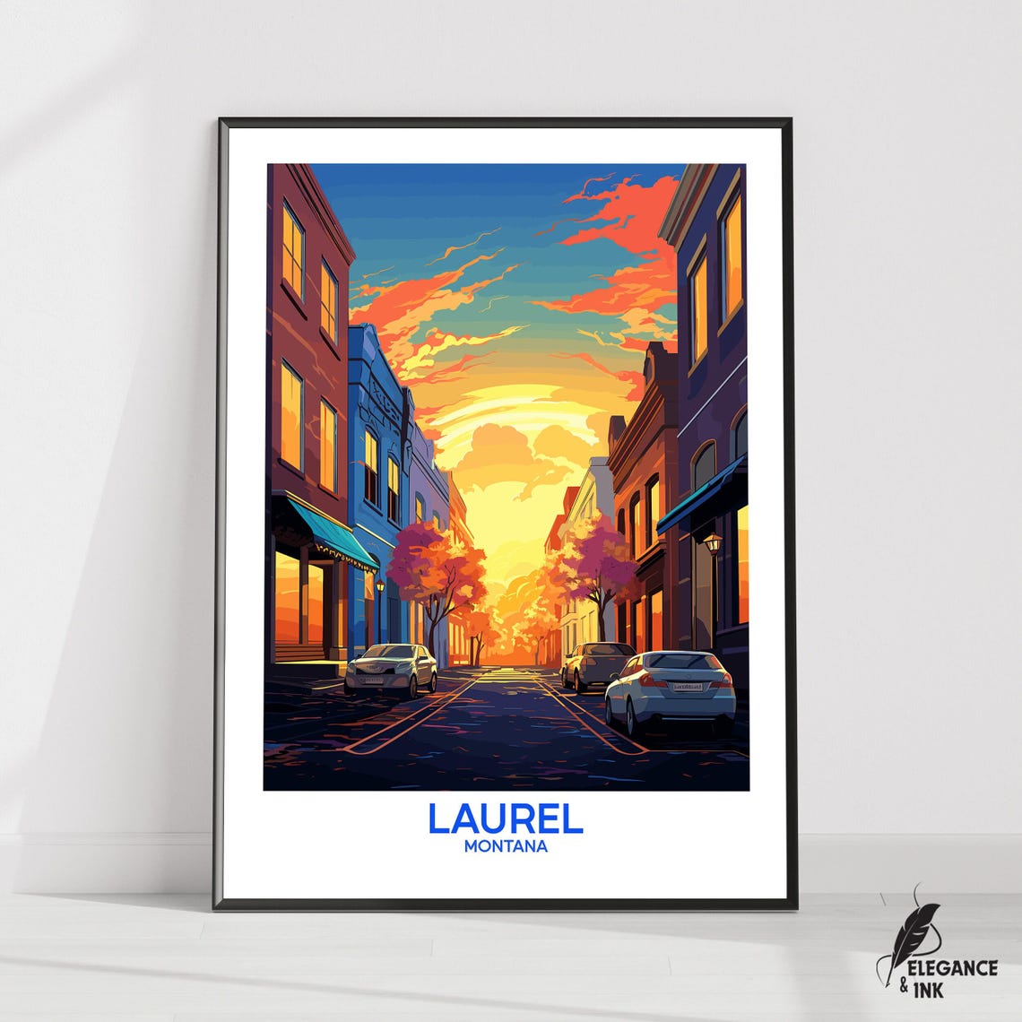 Laurel Montana Main Street Sunset Storefronts Illustration Poster